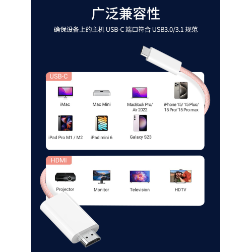 TypeC轉HDMI同屏線適用手機平板筆電有線投影線4K@60Hz高清影片