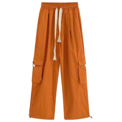 日系飄帶工裝褲女夏季橙色高腰寬鬆直筒多口袋濶腿拖地休閒運動褲