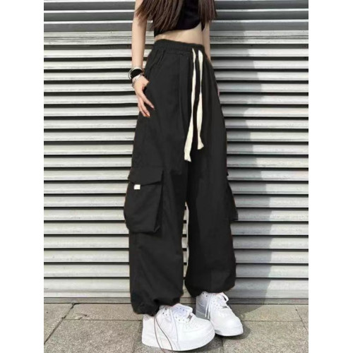 日系飄帶工裝褲女夏季橙色高腰寬鬆直筒多口袋濶腿拖地休閒運動褲