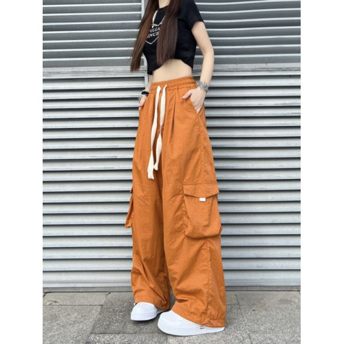日系飄帶工裝褲女夏季橙色高腰寬鬆直筒多口袋濶腿拖地休閒運動褲