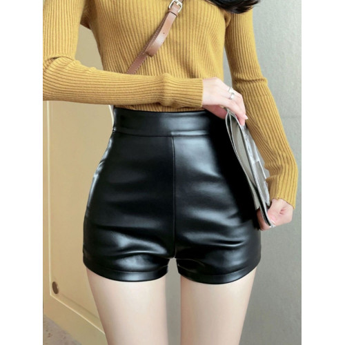 黑色高腰包臀pu皮短褲女士春季新款彈力顯瘦緊身三分皮褲外穿靴褲