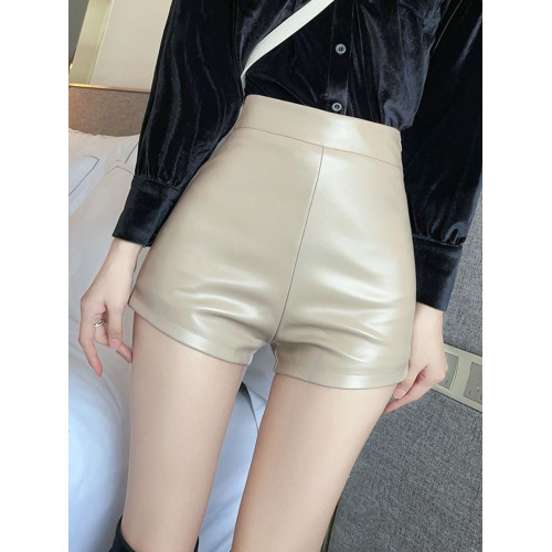 黑色高腰包臀pu皮短褲女士春季新款彈力顯瘦緊身三分皮褲外穿靴褲