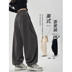 灰色窄版香蕉褲女春秋2025新款小個子寬鬆休閒衛褲鐮刀束腳運動褲