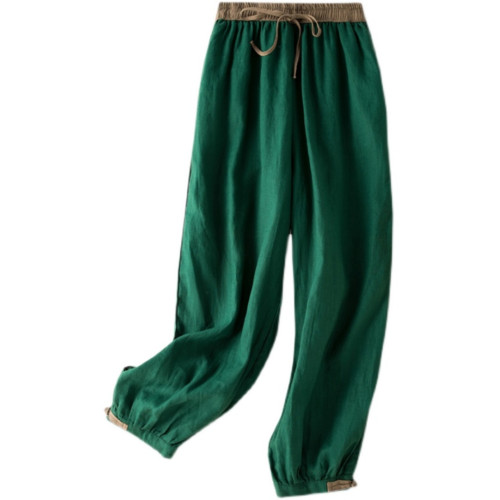 清倉撿漏~專櫃撤廻復古撞色盤釦亞麻九分褲女夏季薄款棉麻哈倫褲