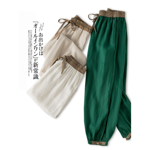 清倉撿漏~專櫃撤廻復古撞色盤釦亞麻九分褲女夏季薄款棉麻哈倫褲