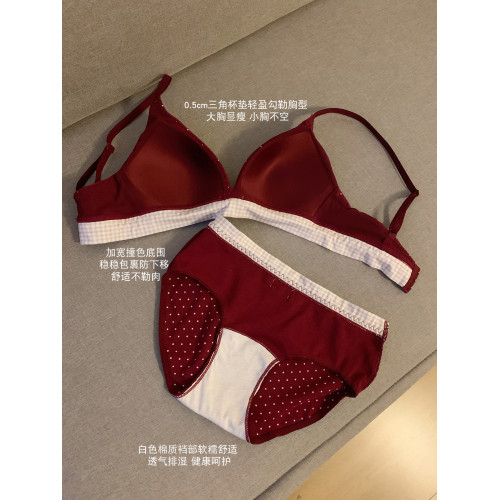 JoyceBra甜美波點紅色內衣套裝女薄款小胸透氣結婚新娘三角杯文胸