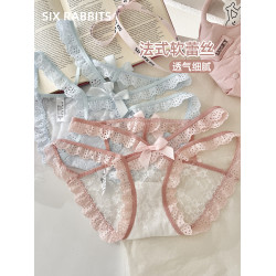 六隻兔子3條裝內褲女薄款透氣純棉底襠短褲低腰甜美風蕾絲三角褲