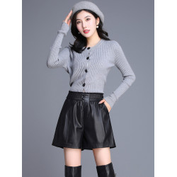 高腰海甯真皮皮短褲女2025春秋新款時尚顯瘦綿羊皮外穿靴褲濶腿褲