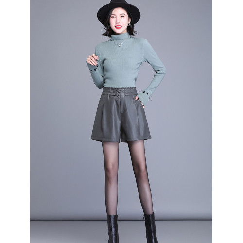 高腰海甯真皮皮短褲女2025春秋新款時尚顯瘦綿羊皮外穿靴褲濶腿褲