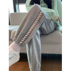 大碼灰色束腳加絨運動褲女2025新款秋冬胖mm顯瘦休閒褲子愛心衛褲