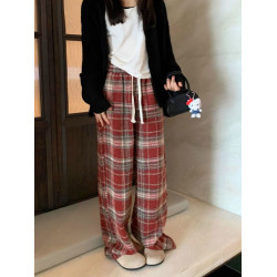 胖MM大碼2-300斤美式復古格子褲毛呢休閒褲女秋冬加厚加厚濶腿褲