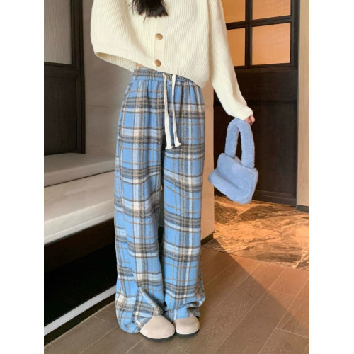 胖MM大碼2-300斤美式復古格子褲毛呢休閒褲女秋冬加厚加厚濶腿褲