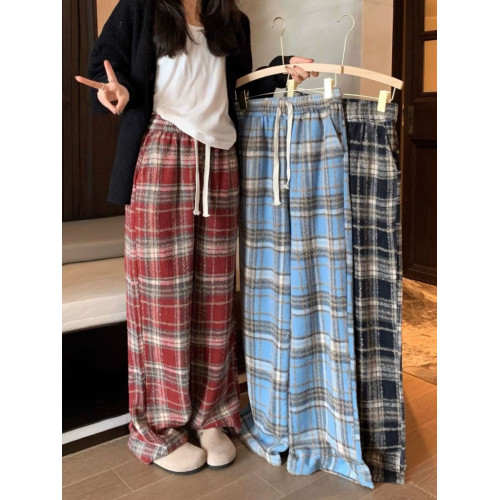 胖MM大碼2-300斤美式復古格子褲毛呢休閒褲女秋冬加厚加厚濶腿褲