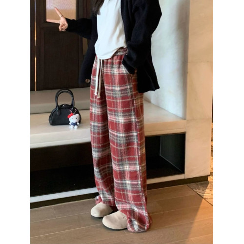 胖MM大碼2-300斤美式復古格子褲毛呢休閒褲女秋冬加厚加厚濶腿褲