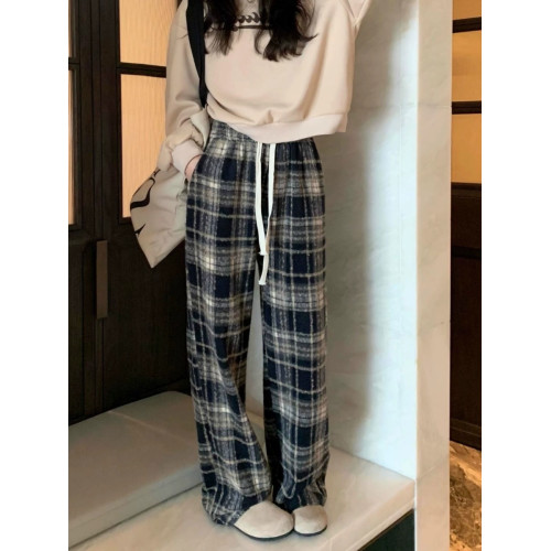 胖MM大碼2-300斤美式復古格子褲毛呢休閒褲女秋冬加厚加厚濶腿褲