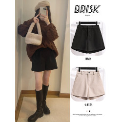 大碼小個子褲子胖MM毛呢濶腳褲外穿a字秋冬天靴褲黑色高腰短褲女