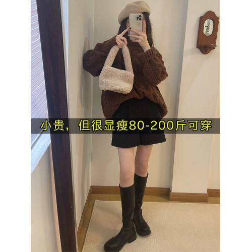 大碼小個子褲子胖MM毛呢濶腳褲外穿a字秋冬天靴褲黑色高腰短褲女
