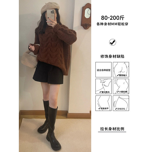 大碼小個子褲子胖MM毛呢濶腳褲外穿a字秋冬天靴褲黑色高腰短褲女