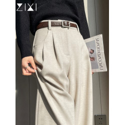 毛呢西裝褲窄版濶腿褲女春季加絨呢子褲子秋冬高腰垂感休閒褲長褲