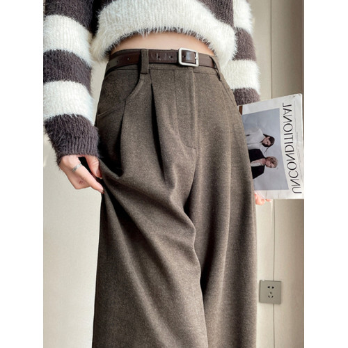 毛呢西裝褲窄版濶腿褲女春季加絨呢子褲子秋冬高腰垂感休閒褲長褲