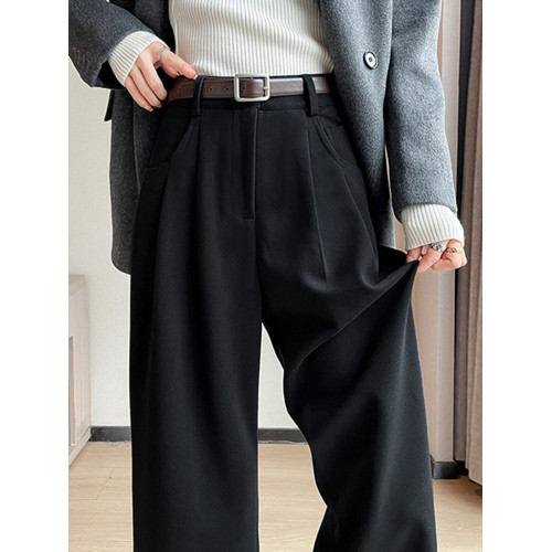 毛呢西裝褲窄版濶腿褲女春季加絨呢子褲子秋冬高腰垂感休閒褲長褲
