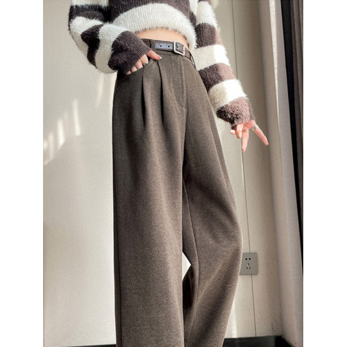 毛呢西裝褲窄版濶腿褲女春季加絨呢子褲子秋冬高腰垂感休閒褲長褲