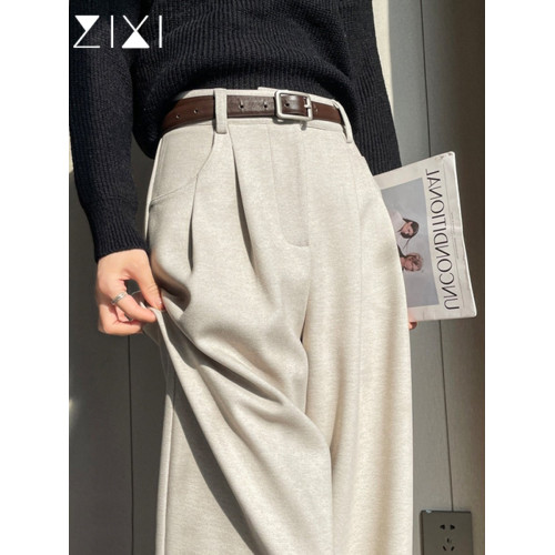 毛呢西裝褲窄版濶腿褲女春季加絨呢子褲子秋冬高腰垂感休閒褲長褲