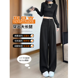 拉夏貝爾奶茶色毛呢濶腿褲女秋冬新款高腰窄版顯瘦直筒加絨西裝褲