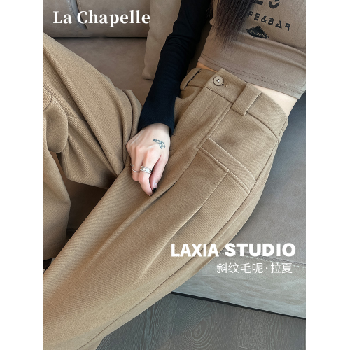 拉夏貝爾奶茶色毛呢濶腿褲女秋冬新款高腰窄版顯瘦直筒加絨西裝褲