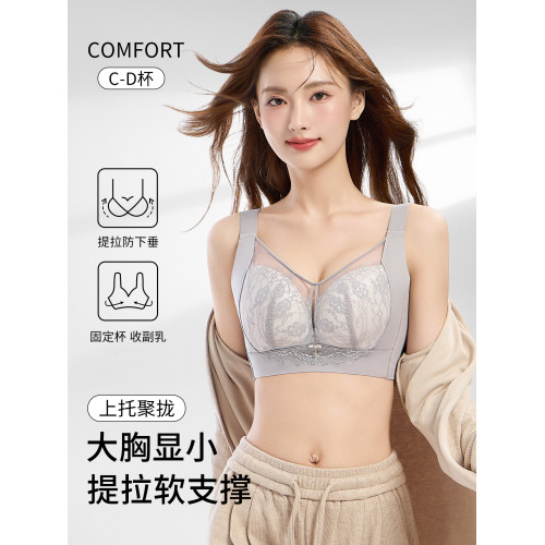 大胸顯小蕾絲文胸女聚攏收副乳防下垂調整型無鋼圈輕薄網紗內衣