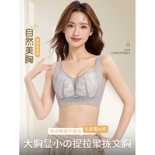 大胸顯小蕾絲文胸女聚攏收副乳防下垂調整型無鋼圈輕薄網紗內衣