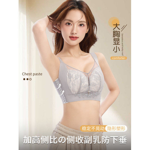 大胸顯小蕾絲文胸女聚攏收副乳防下垂調整型無鋼圈輕薄網紗內衣