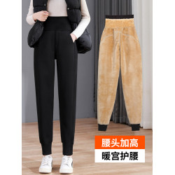 加絨加厚運動褲女秋冬季高腰束腳衛褲防風休閒仿羊羔絨外穿棉褲子