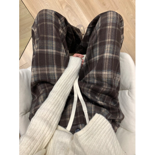 175高個子加長版180加絨格子毛呢濶腿褲女秋冬高腰垂感直筒休閒褲