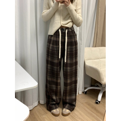 175高個子加長版180加絨格子毛呢濶腿褲女秋冬高腰垂感直筒休閒褲