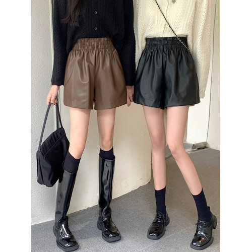 大碼胖mm高腰皮短褲女秋季2025年黑色a字濶腿pu皮褲松緊腰休閒褲