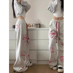 特大碼300斤美式復古街頭塗鴉運動褲女春夏季寬鬆高腰休閒濶腿褲