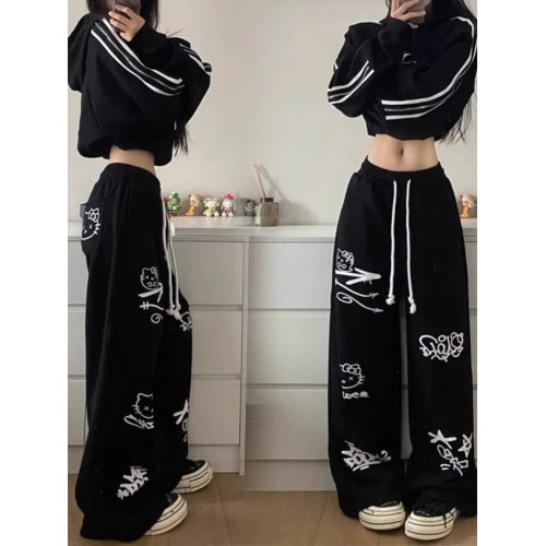 特大碼300斤美式復古街頭塗鴉運動褲女春夏季寬鬆高腰休閒濶腿褲 特大碼300斤美式復古街頭塗鴉運動褲女春夏季寬鬆高腰休閒濶腿褲