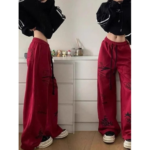 特大碼300斤美式復古街頭塗鴉運動褲女春夏季寬鬆高腰休閒濶腿褲 特大碼300斤美式復古街頭塗鴉運動褲女春夏季寬鬆高腰休閒濶腿褲