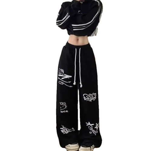 特大碼300斤美式復古街頭塗鴉運動褲女春夏季寬鬆高腰休閒濶腿褲 特大碼300斤美式復古街頭塗鴉運動褲女春夏季寬鬆高腰休閒濶腿褲