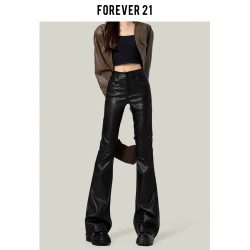 Forever 21美式高腰辣妹PU皮褲女秋季新款修身顯瘦微喇叭拖地長褲