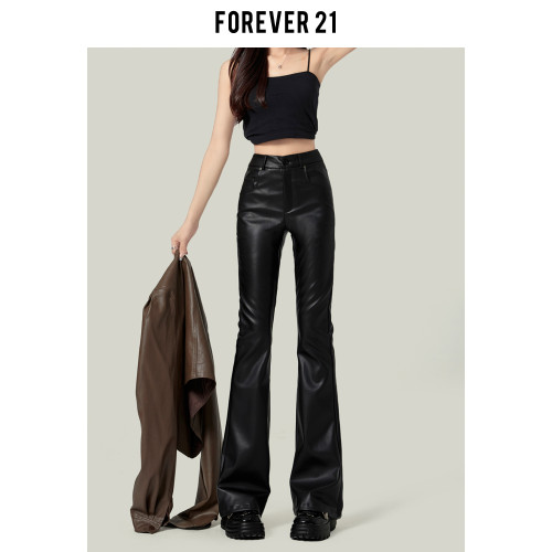 Forever 21美式高腰辣妹PU皮褲女秋季新款修身顯瘦微喇叭拖地長褲