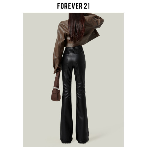 Forever 21美式高腰辣妹PU皮褲女秋季新款修身顯瘦微喇叭拖地長褲