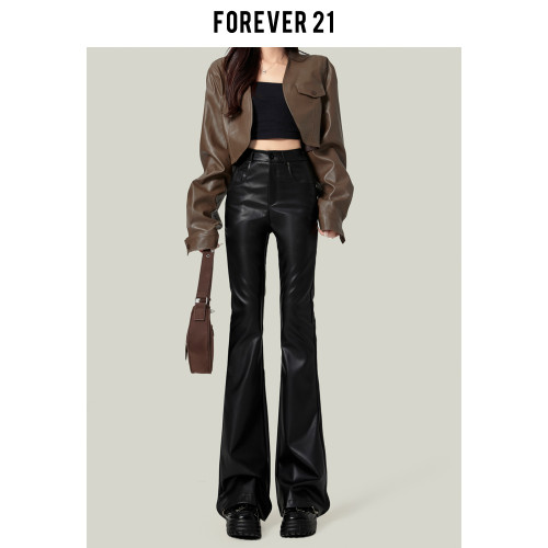 Forever 21美式高腰辣妹PU皮褲女秋季新款修身顯瘦微喇叭拖地長褲