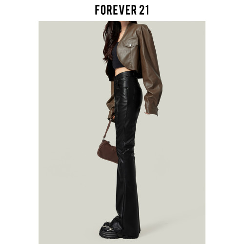 Forever 21美式高腰辣妹PU皮褲女秋季新款修身顯瘦微喇叭拖地長褲
