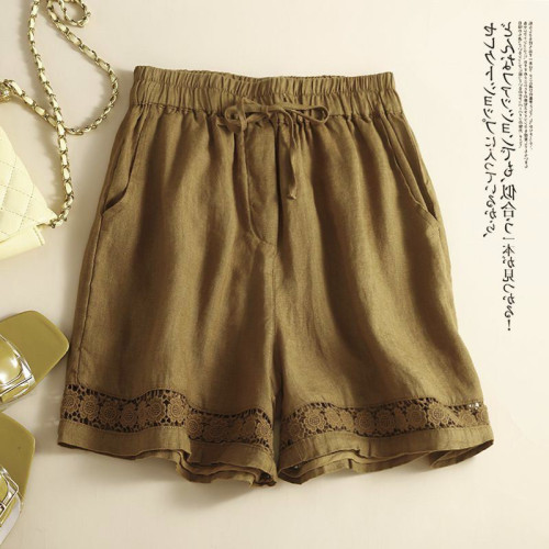 棉麻夏季薄款松緊腰短褲女復古鏤空花邊松緊腰休閒寬鬆百搭濶腿褲