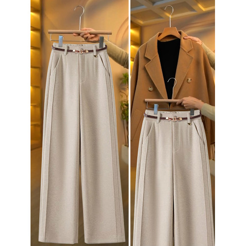 毛呢直筒褲垂感糯米褲女2025新款寬鬆濶腿褲秋冬加絨羊毛西裝褲子