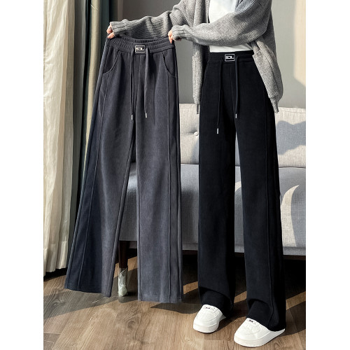 雪尼爾濶腿褲女秋冬款加絨褲子2025新款冬季加厚燈芯絨直筒女褲冬