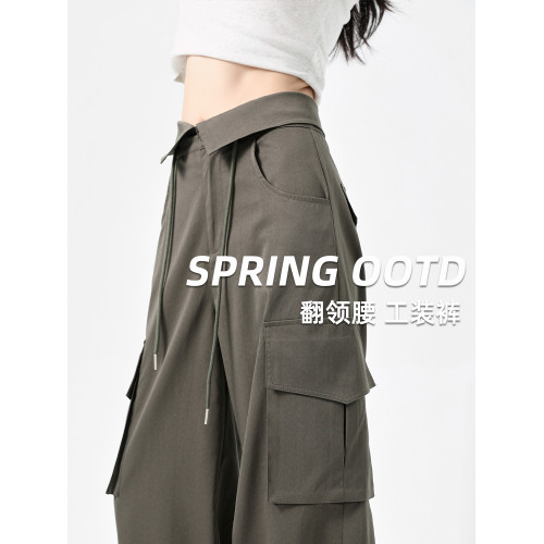美式復古工裝褲女夏季2025新款高腰顯瘦設計感繙腰直筒濶腿休閒褲