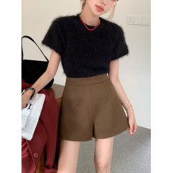 咖色高腰a字短褲女春季2026新款寬鬆ins棕色顯瘦西裝濶腿靴褲外穿